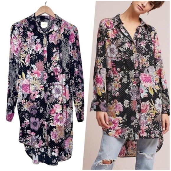 Maeve Anthropologie Metallic Dot Mixed Floral Print Tunic Dress Black Size M - Picture 1 of 12